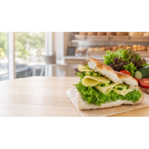 Fladenbrot belegt mit Gouda, Sauce, Salat und Gurke