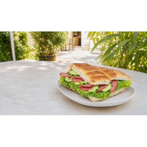 Fladenbrot belegt mit Rindersalami, Sauce, Salat und Gurken