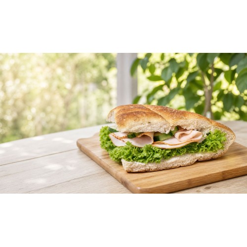 Fladenbrot belegt mit Putenbrust, Sause, Salat, Gurken